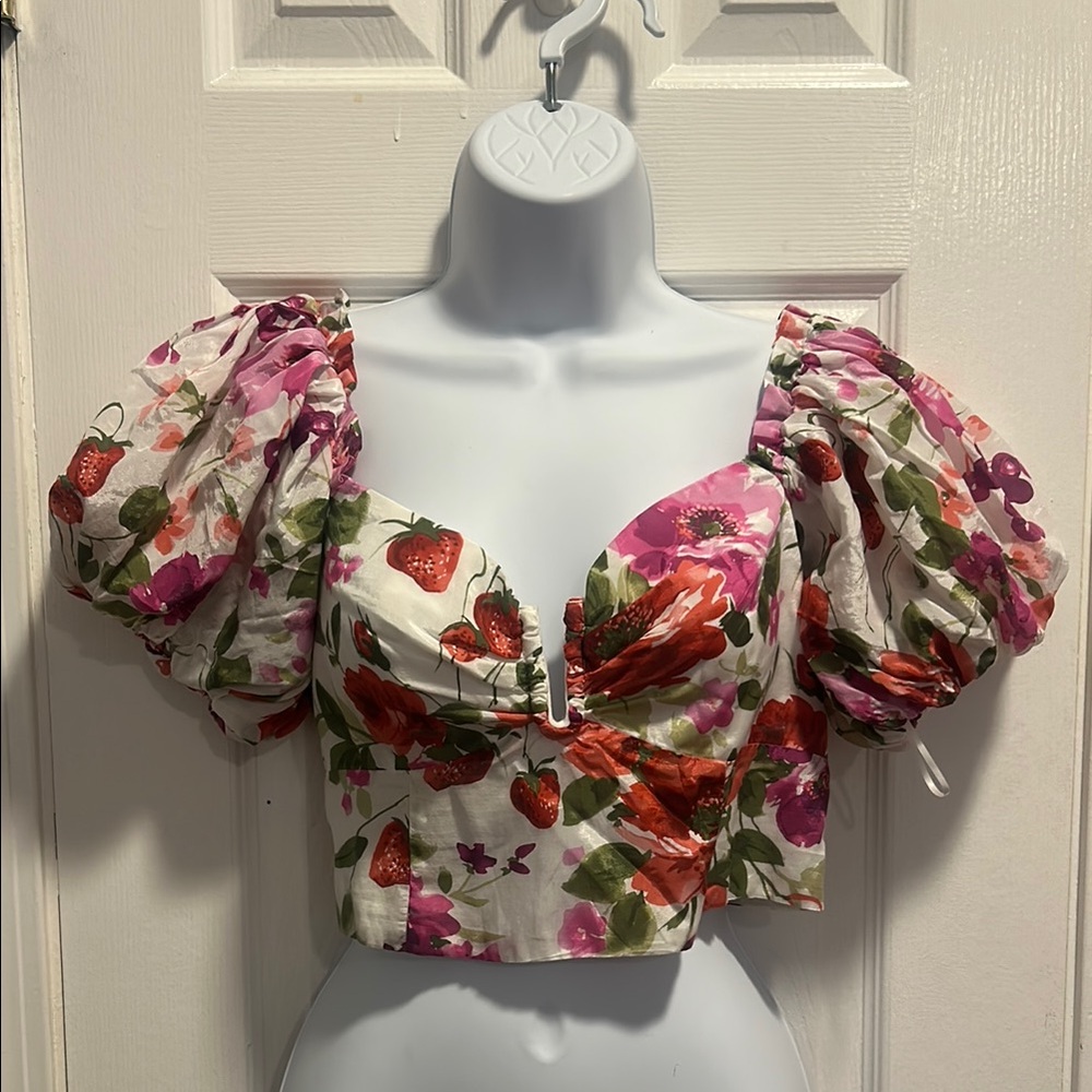Abercrombie & Fitch Floral Puff Sleeve Blouse - Red, Pink, Green